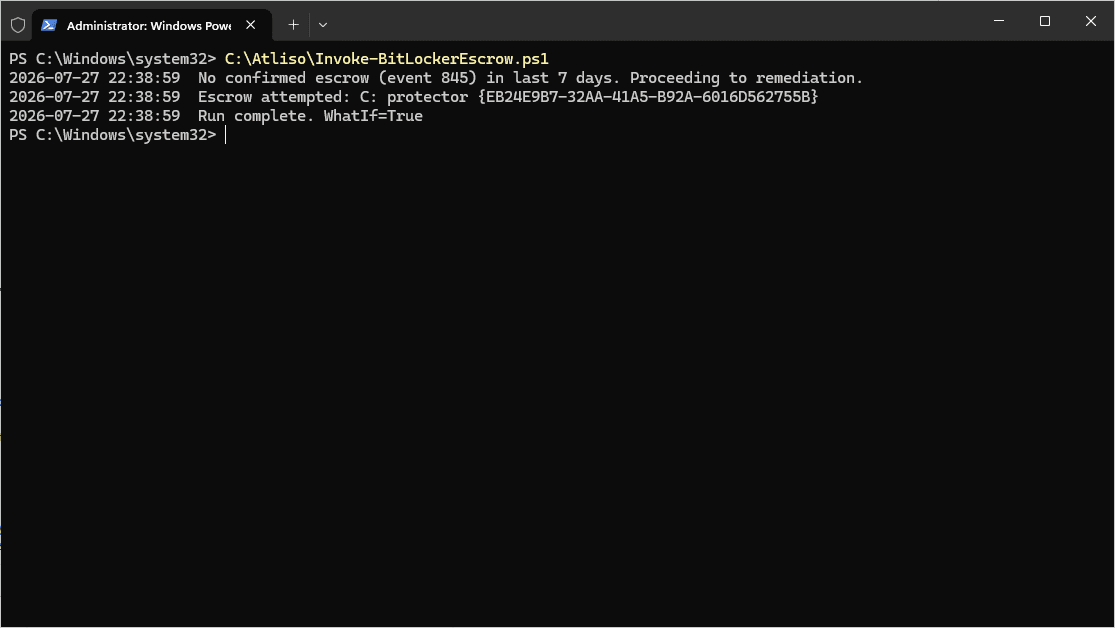 Detection script finding no confirmed BitLocker backup event in the last 7 days