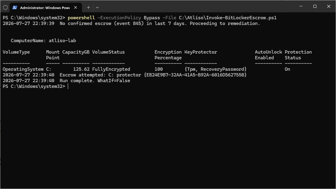 Remediation script forcing the BitLocker key backup and logging each protector escrowed