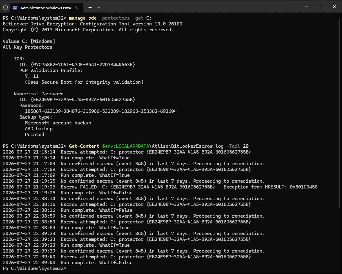 manage-bde shows the recovery password now has AAD backup, with the escrow logged