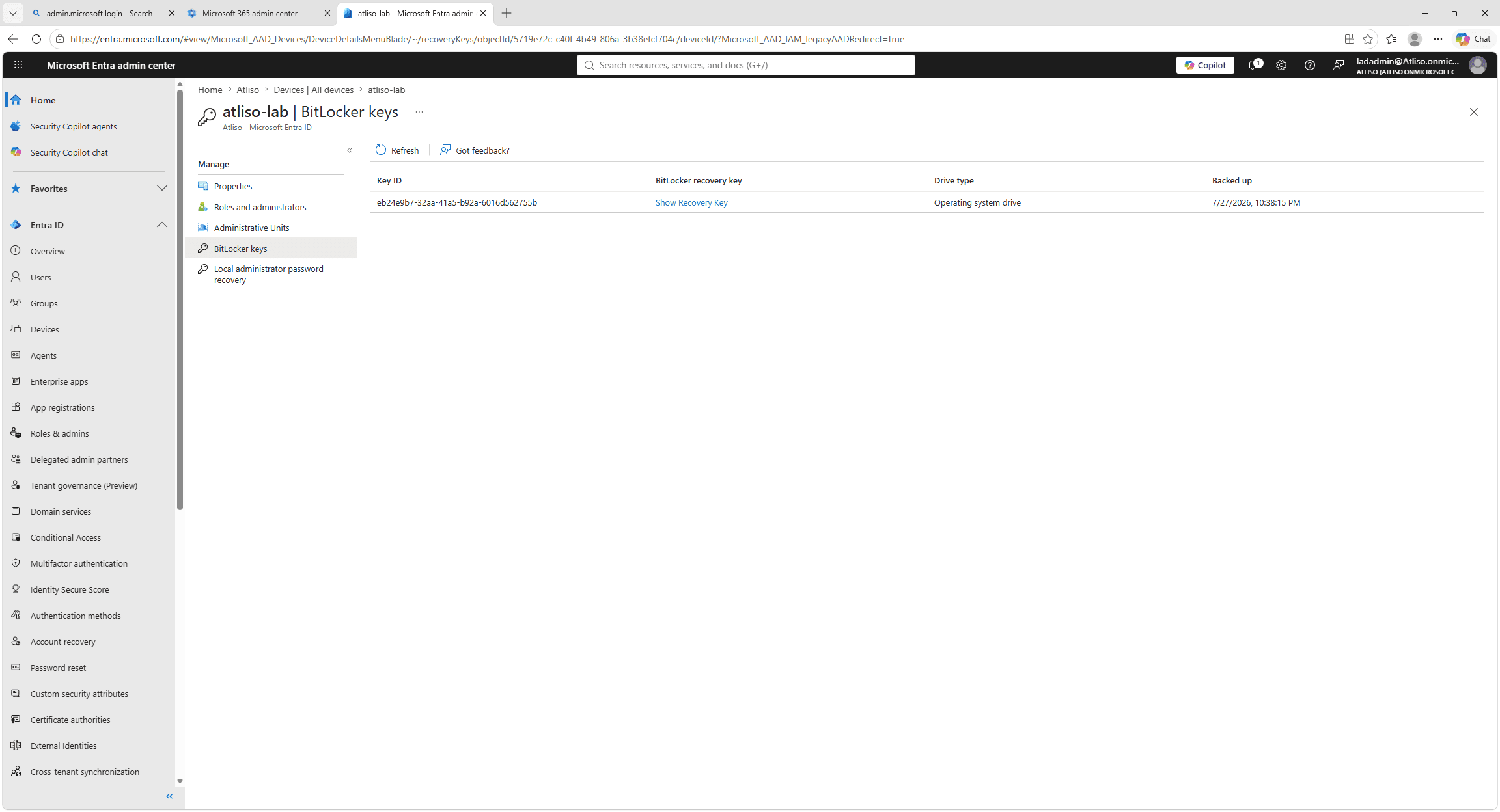 The recovery key ID from the device now visible in the Entra ID BitLocker keys blade