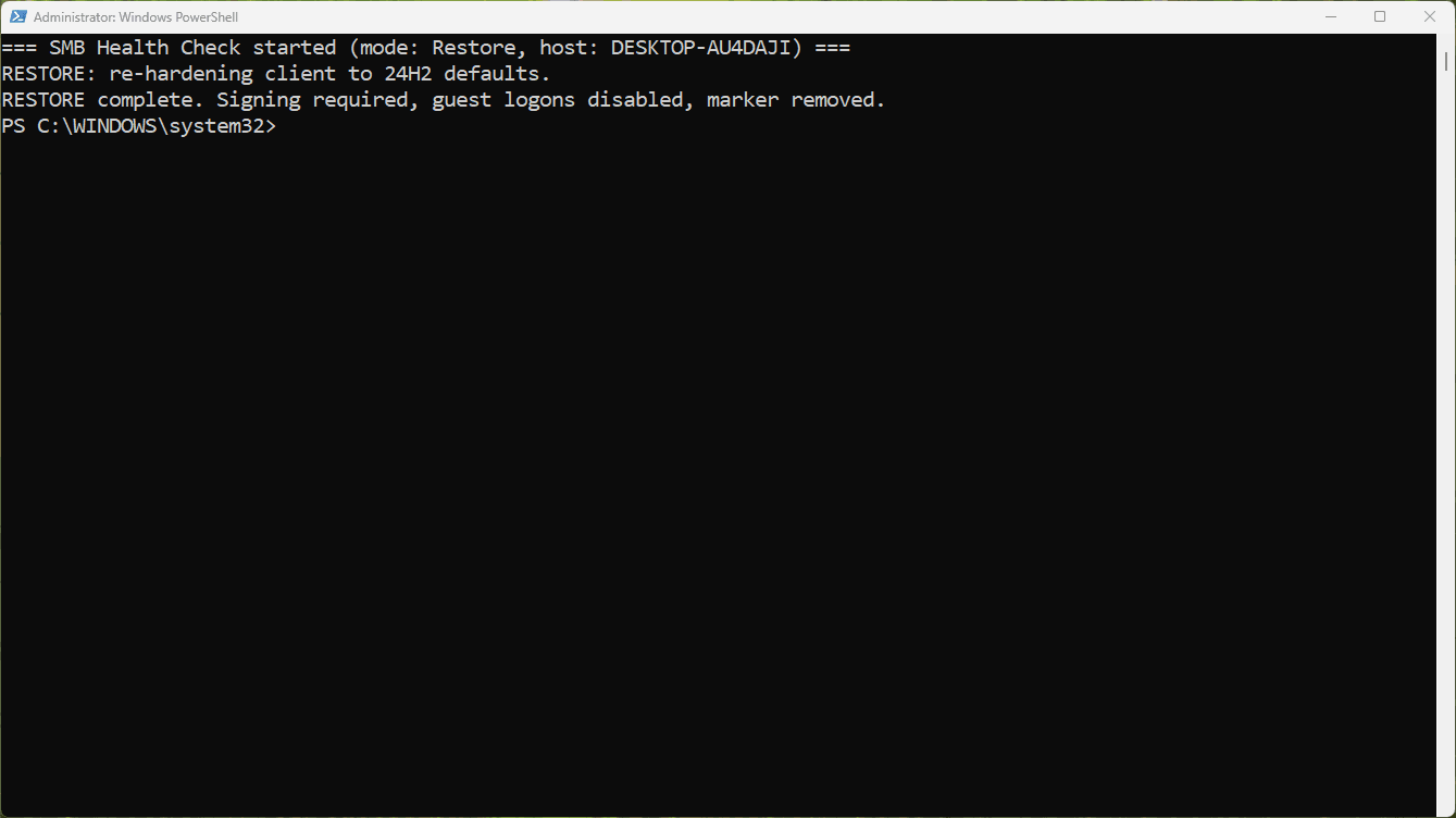 Restore mode re-hardening the client to 24H2 defaults