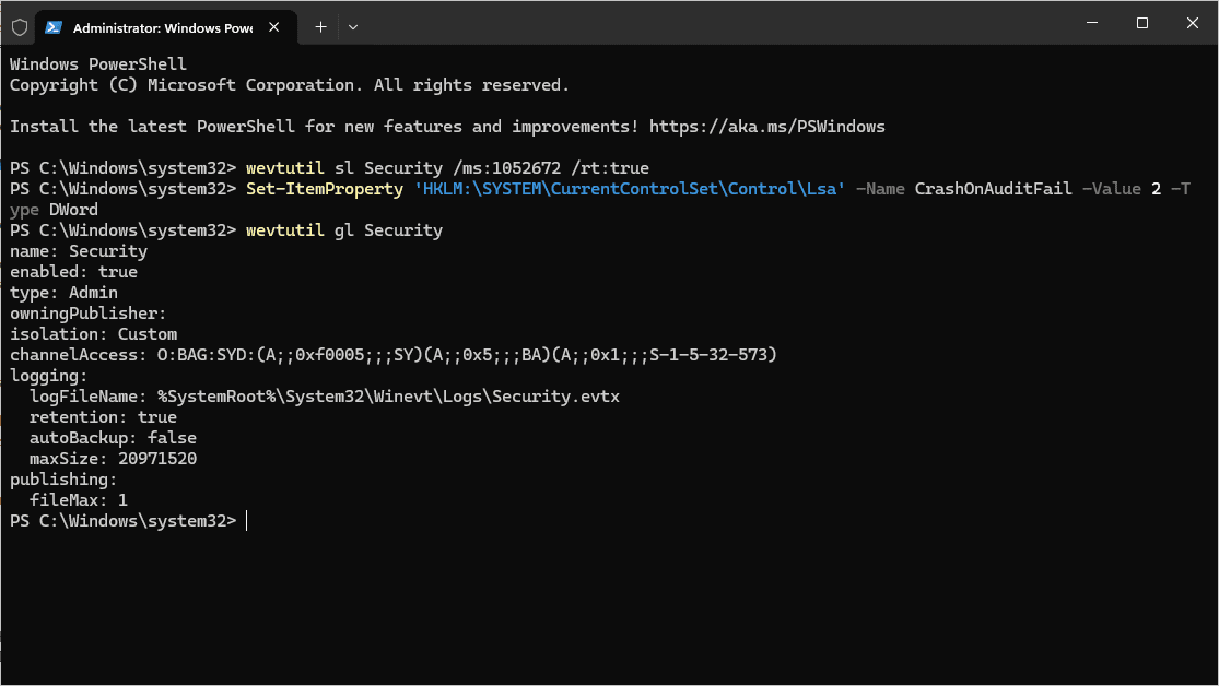 wevtutil gl Security showing retention set to true, the do-not-overwrite misconfiguration