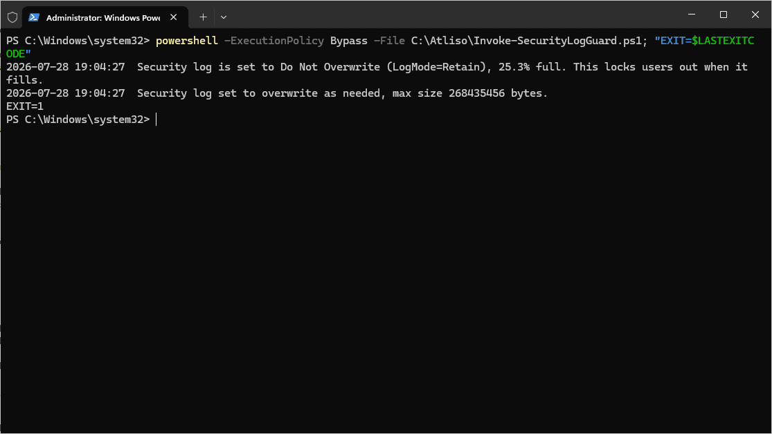 Detection script catching the Security log set to Do Not Overwrite and exiting 1