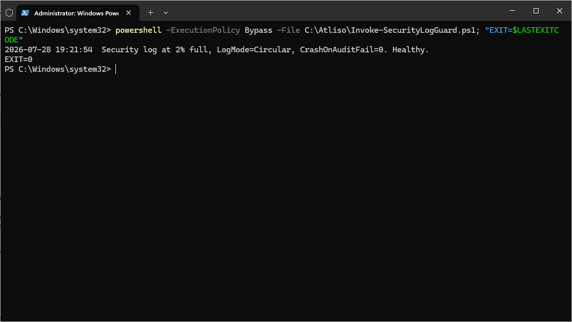 After remediation, a re-run reports the log healthy and set to Circular (overwrite), exit 0