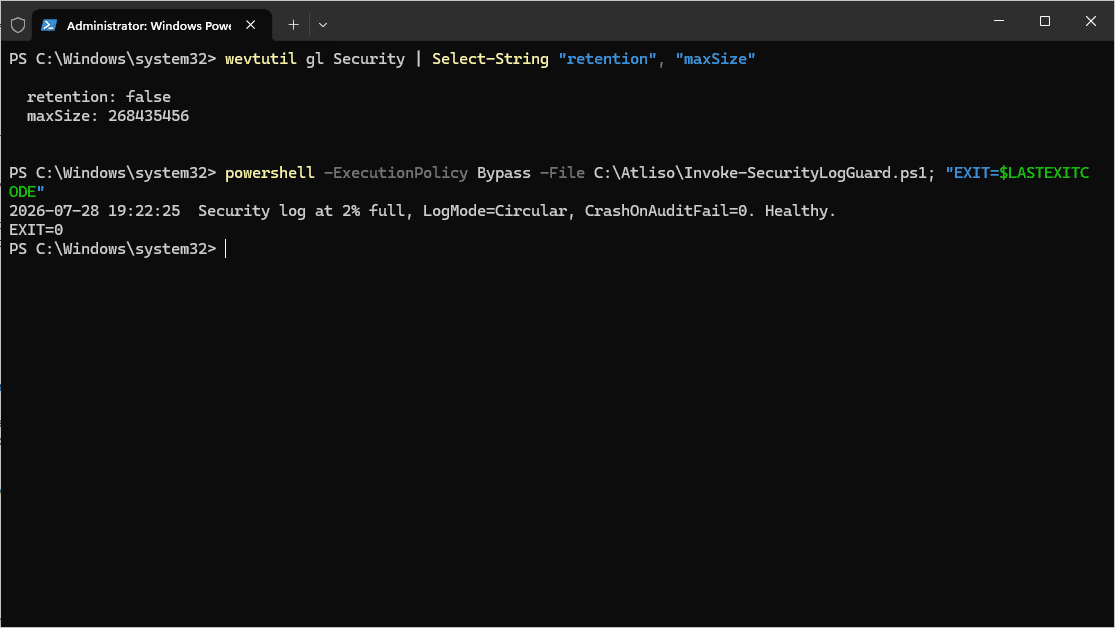 wevtutil gl Security confirming retention false and the resized 256MB max log size, with a healthy re-run