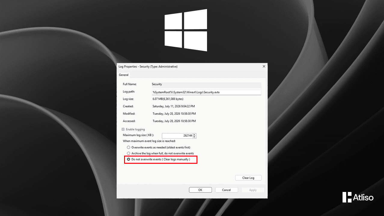 Windows Security log Properties set to Do not overwrite events, the misconfiguration that causes the lockout