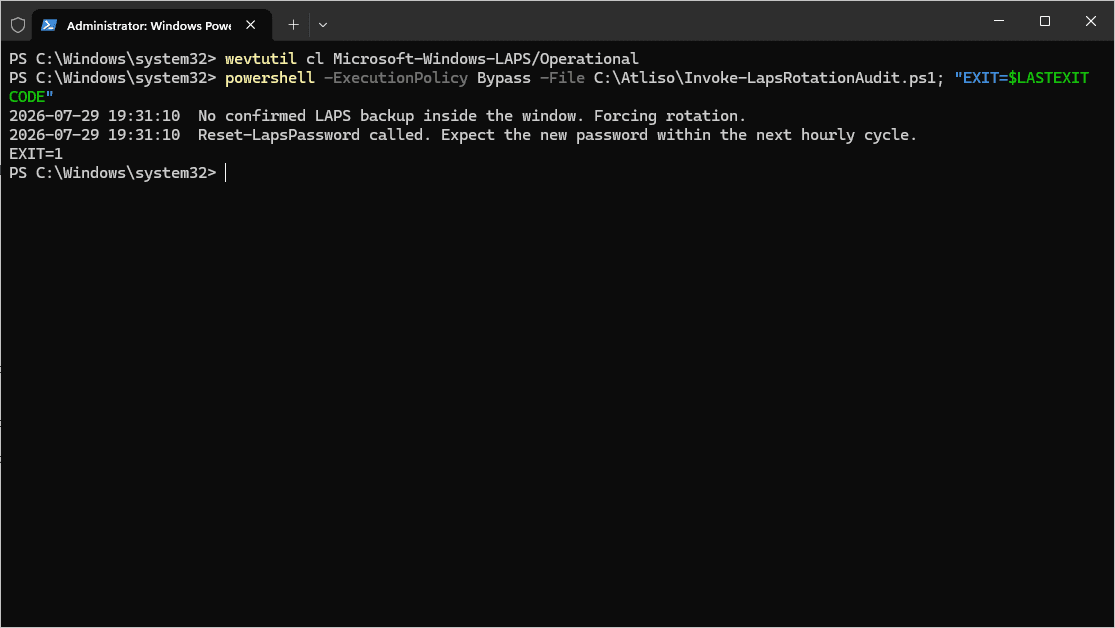 Detection script finding no confirmed Windows LAPS backup event in the expected window
