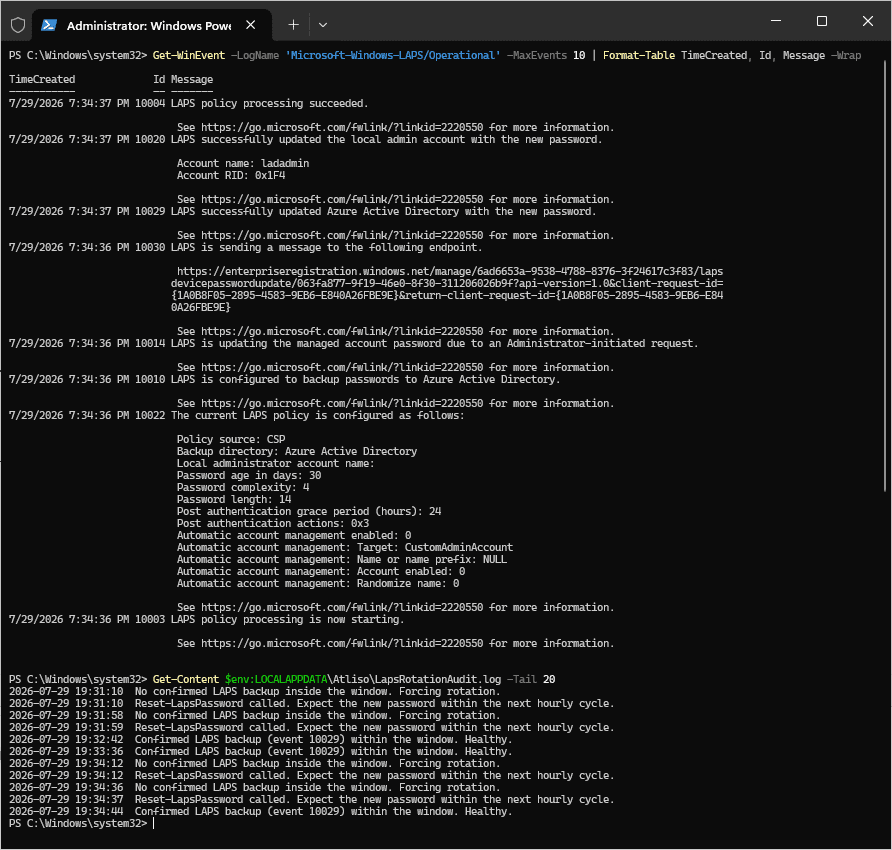Remediation script forcing an immediate LAPS rotation and logging the request