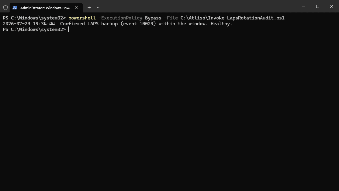 LAPS operational log showing a fresh successful backup event after the forced rotation